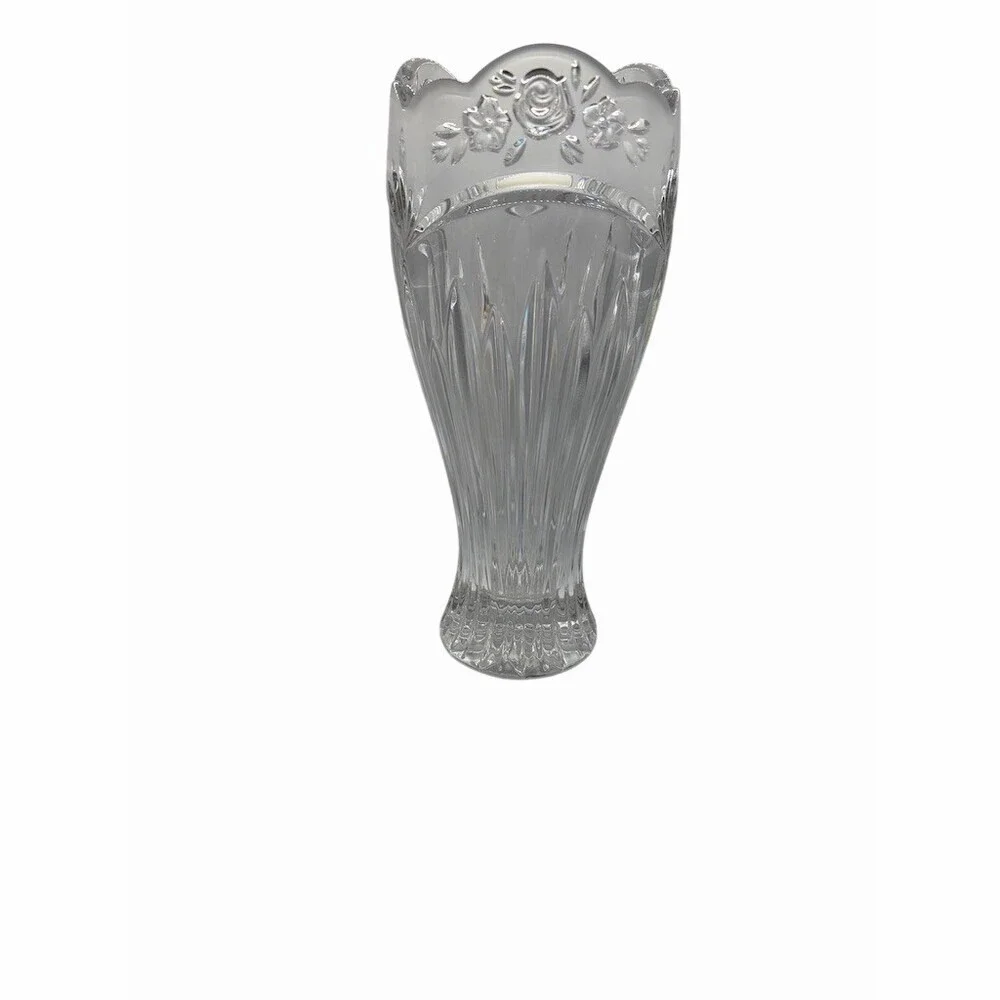 Oneida Cut Glass Flower Vase Clear Scalloped Rim Floral Etched 10 Inch